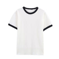 Vera | Crew Neck Knit Top Gray Black Trim Short Sleeve