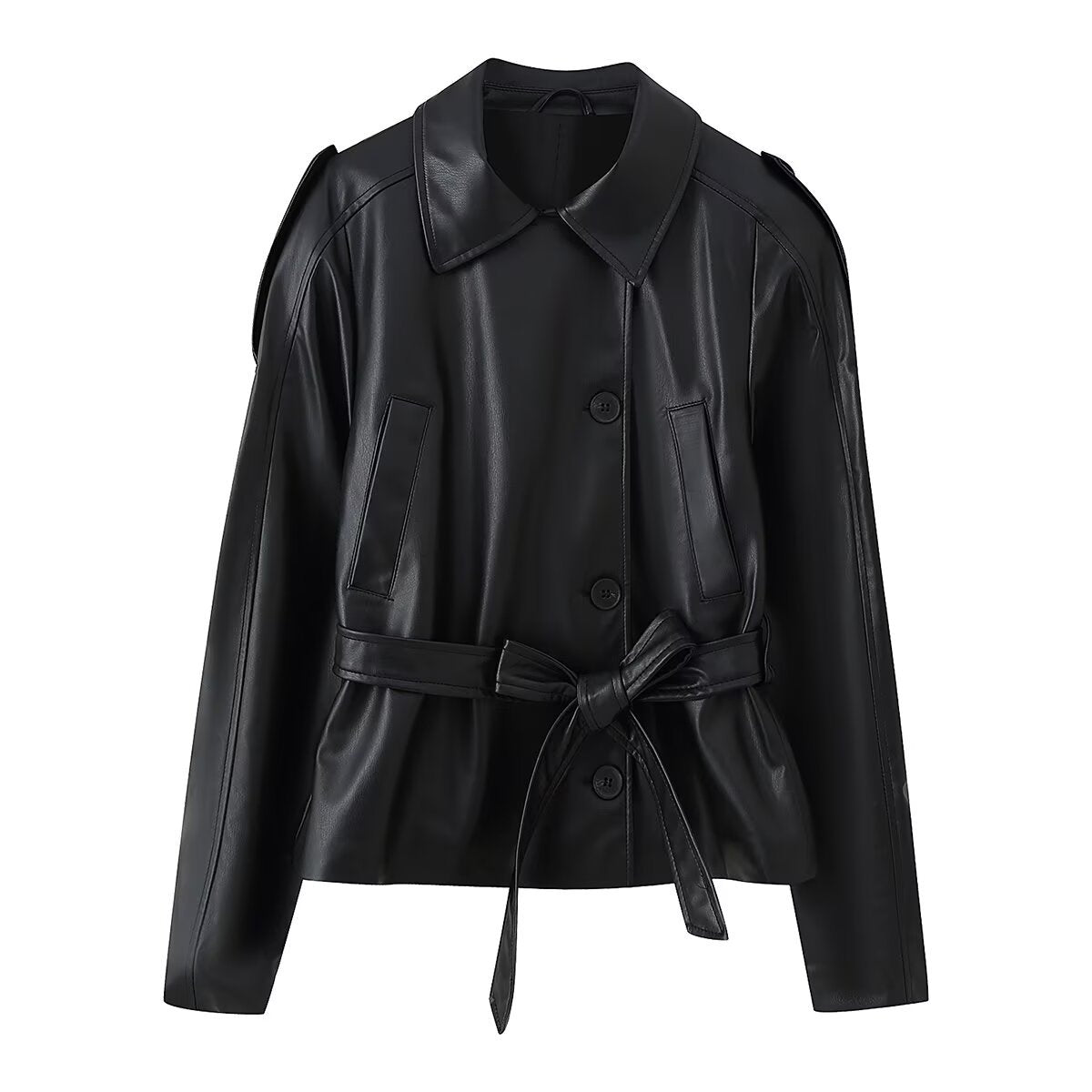 Faye | Belted Faux Leather Jacket Black Button Front