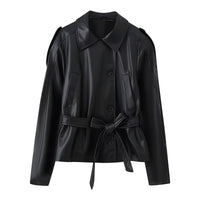 Faye | Belted Faux Leather Jacket Black Button Front