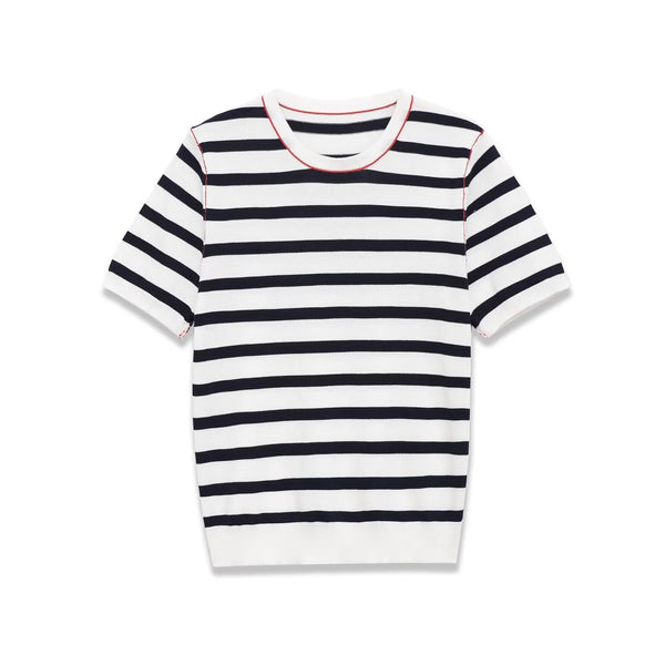 Neve | Striped T Shirt Cream Black Short Sleeve Crew Neck