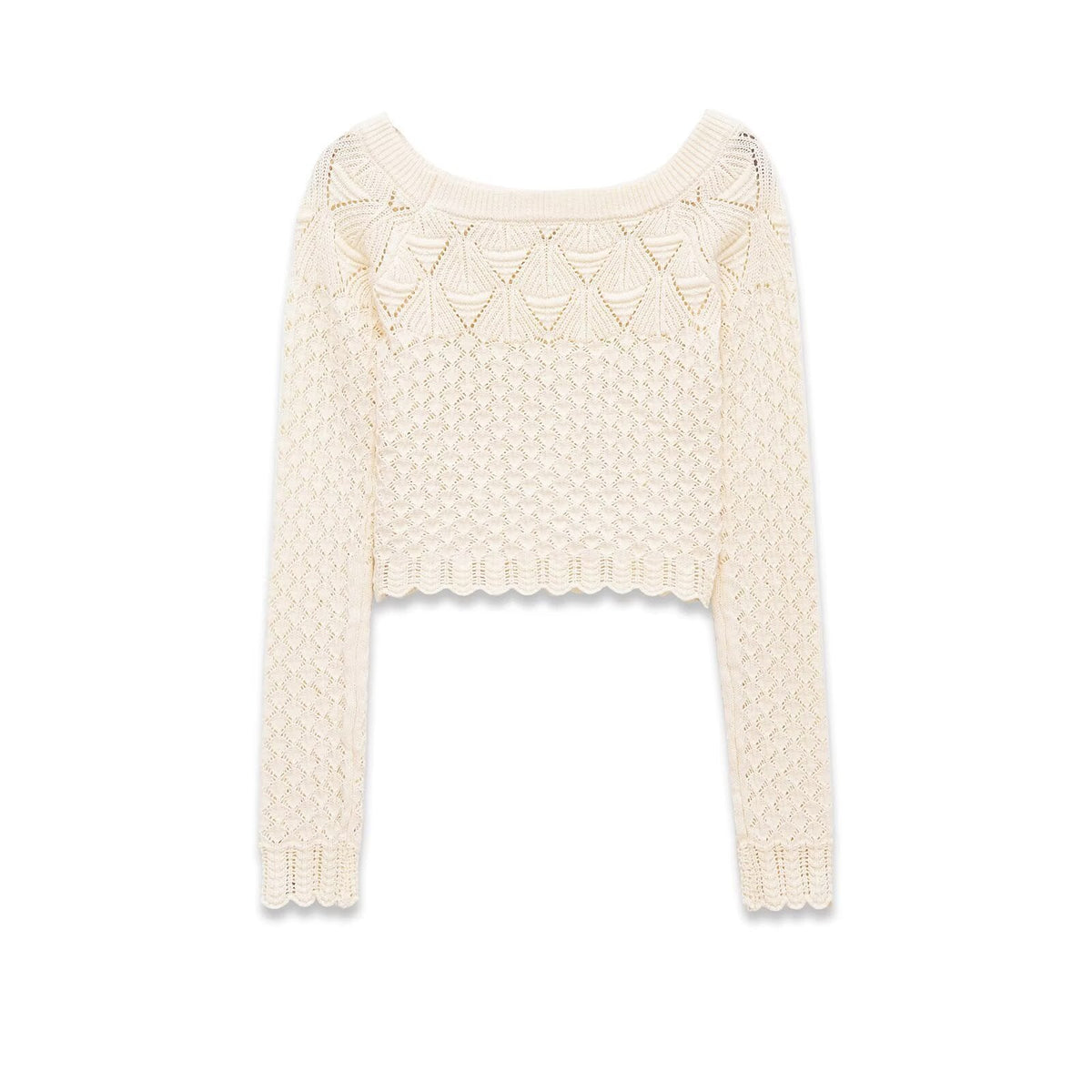 Alma | Cropped Crochet Top Cream Scalloped Long Sleeve