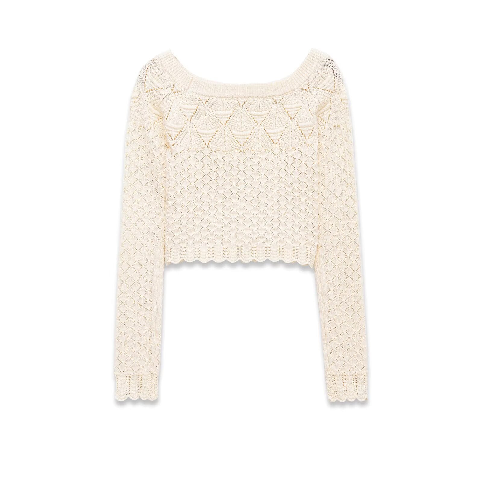 Alma | Cropped Crochet Top Cream Scalloped Long Sleeve