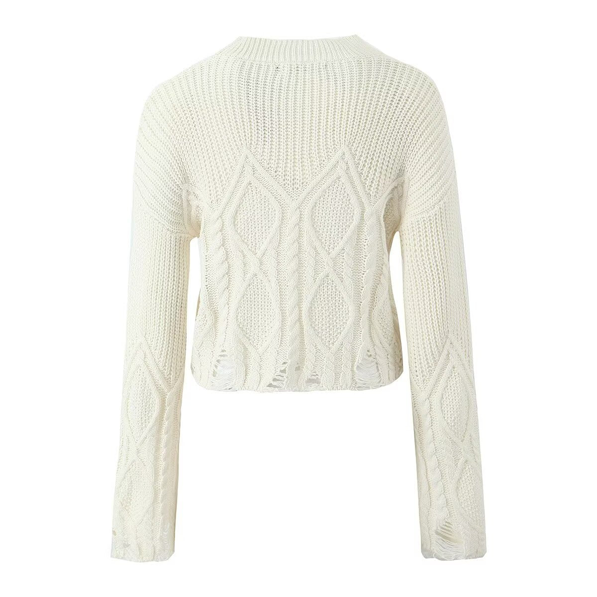 Aria | Cropped Cable Knit Sweater Cream Distressed Long Sleeve