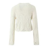 Aria | Cropped Cable Knit Sweater Cream Distressed Long Sleeve