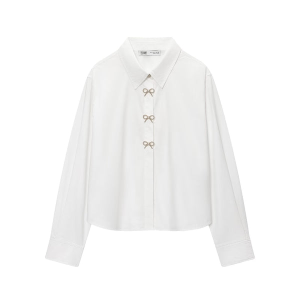 Cora | Coquette Bow Button Blouse White Long Sleeve