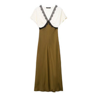 Elora | Lace Trim Maxi Dress Olive V Neck Short Sleeve