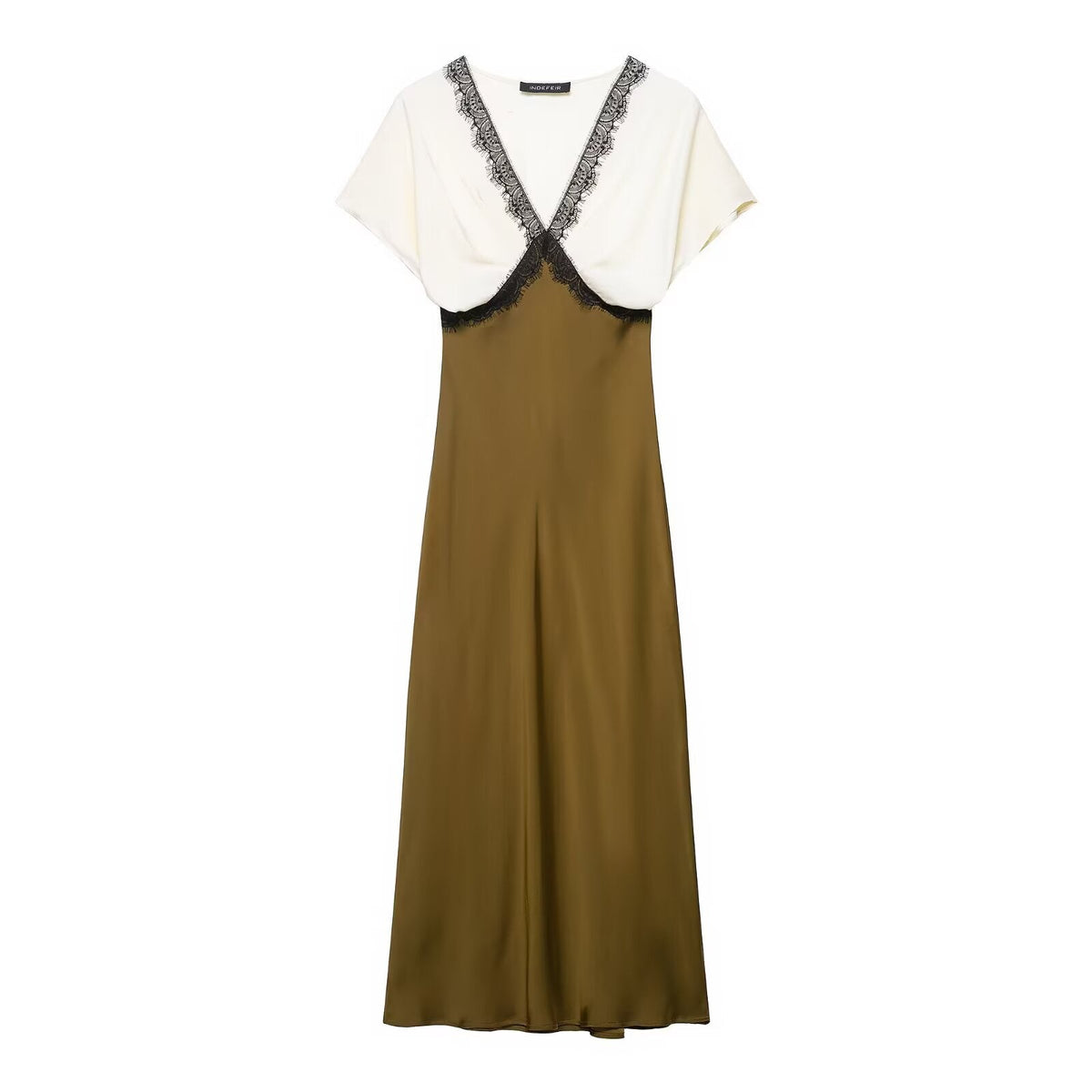 Elora | Lace Trim Maxi Dress Olive V Neck Short Sleeve