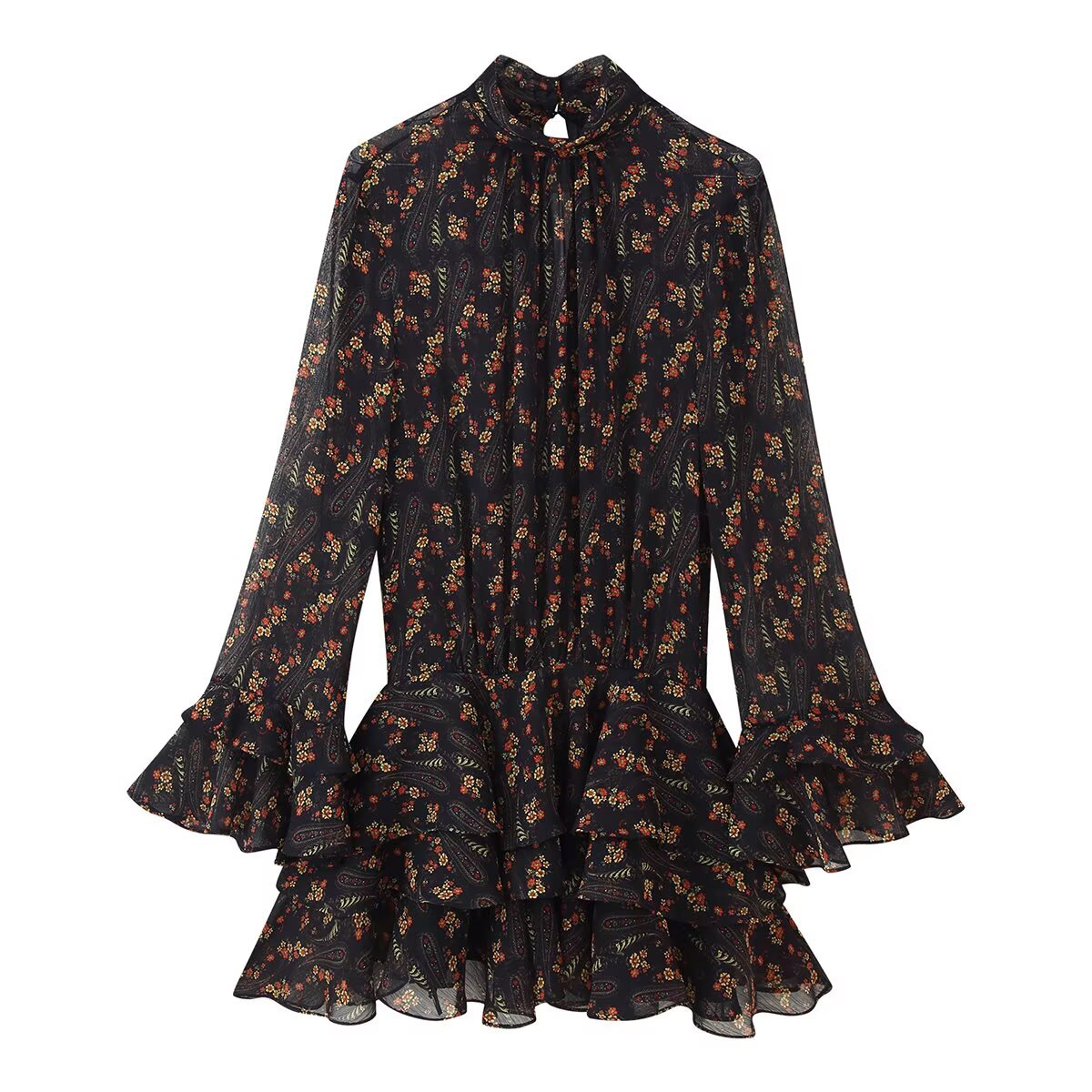 Briar | Vintage Floral Ruffle Dress Black Long Sleeve