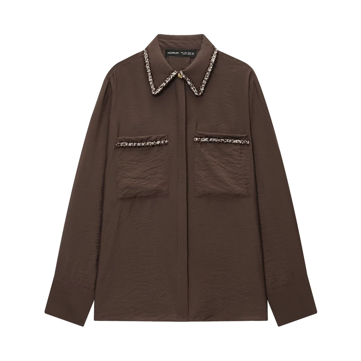 Vera | Utility Shirt Jacket Brown Beaded Collar Long Sleeve