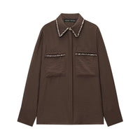 Vera | Utility Shirt Jacket Brown Beaded Collar Long Sleeve