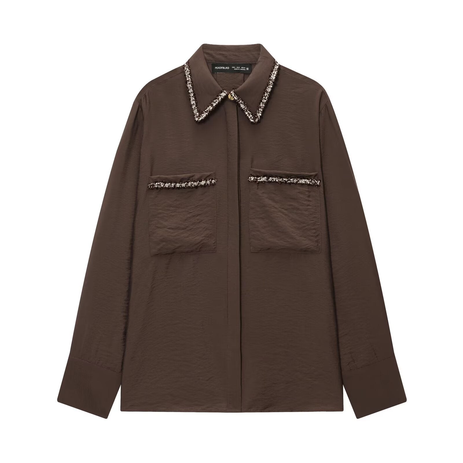 Vera | Utility Shirt Jacket Brown Beaded Collar Long Sleeve