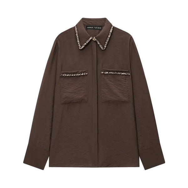 Vera | Utility Shirt Jacket Brown Beaded Collar Long Sleeve