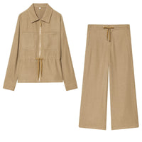 Alma | Linen Utility Jacket Pant Set Beige Wide Leg