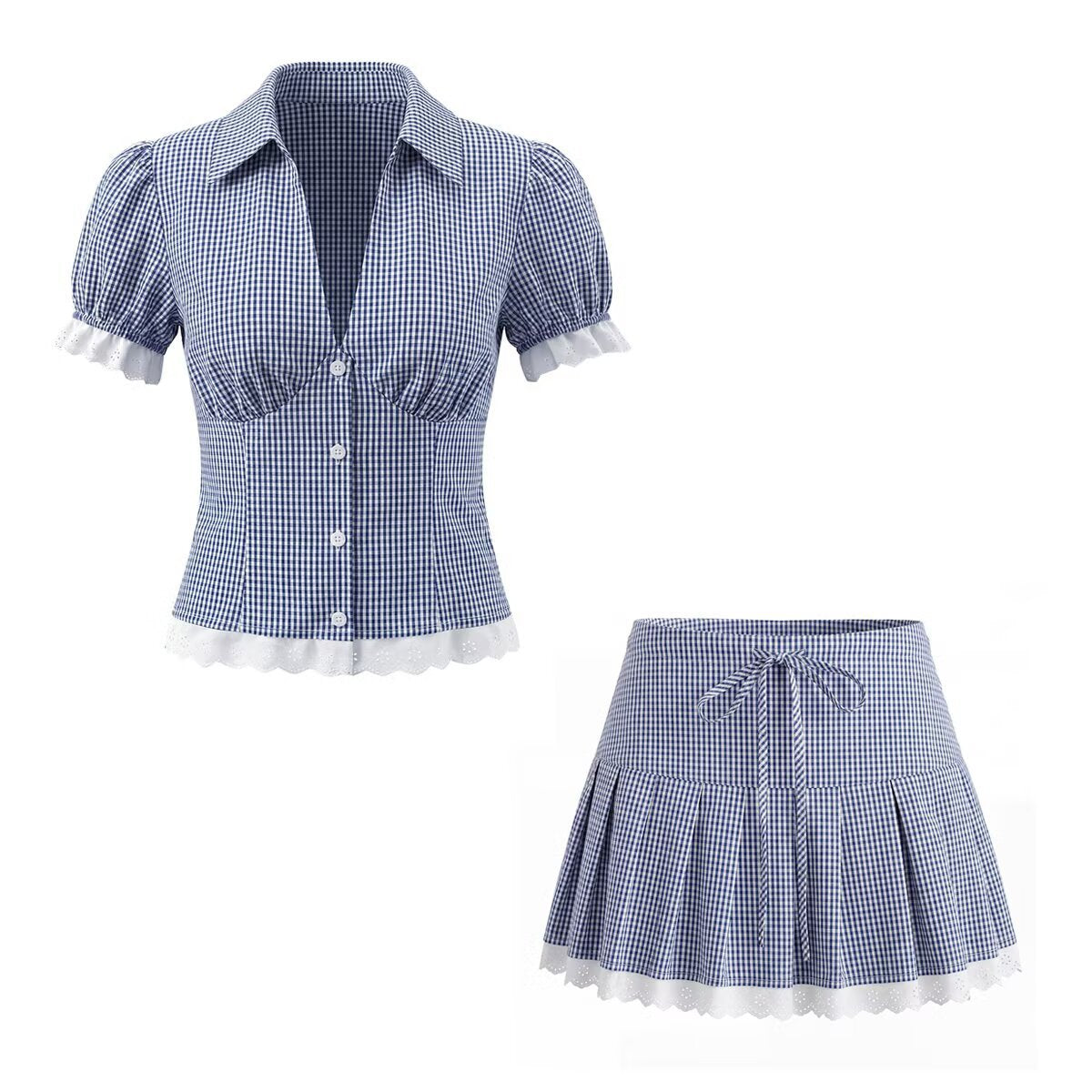 Vera | Cottagecore Puff Sleeve Skirt Set Blue Gingham Lace Trim