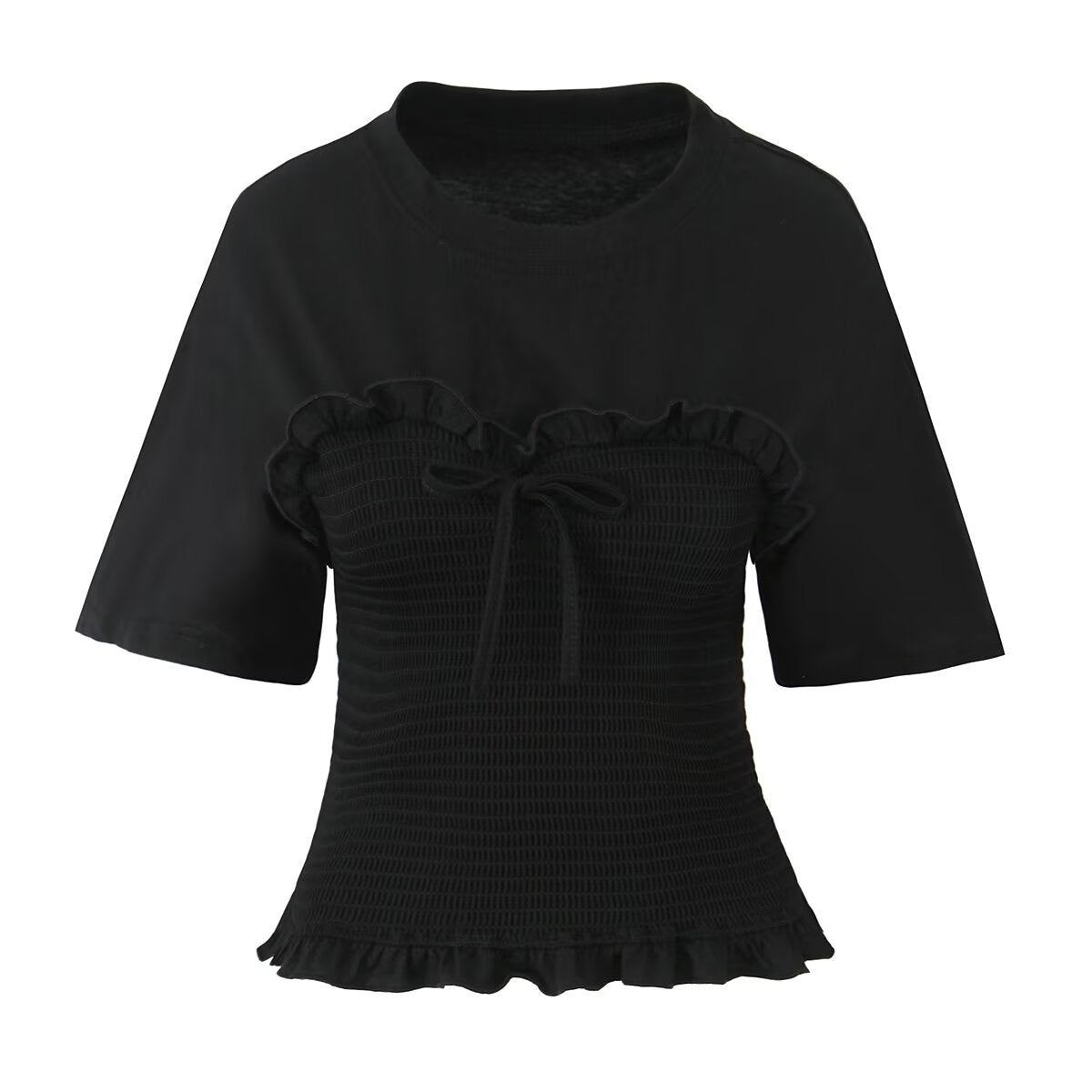 Vera | Coquette Smocked Tie Front Top Black Short Sleeve