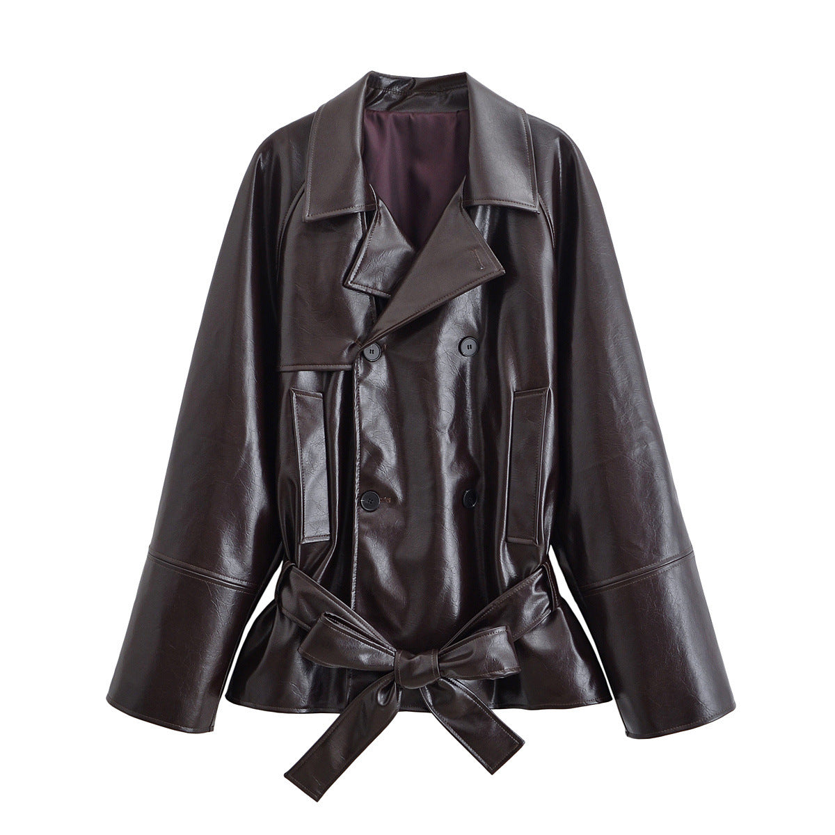 Elodie | Oversized Faux Leather Trench Coat Brown Belted