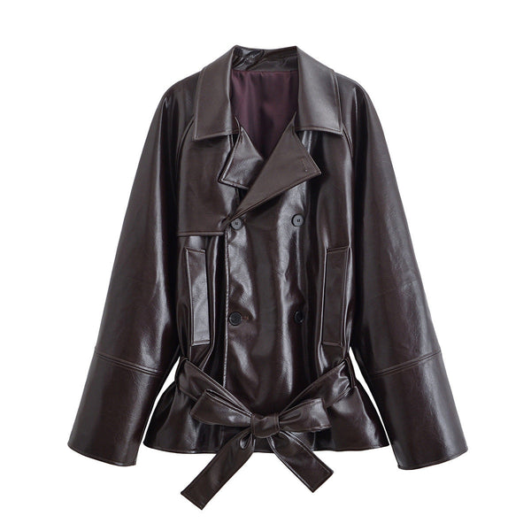 Elodie | Oversized Faux Leather Trench Coat Brown Belted