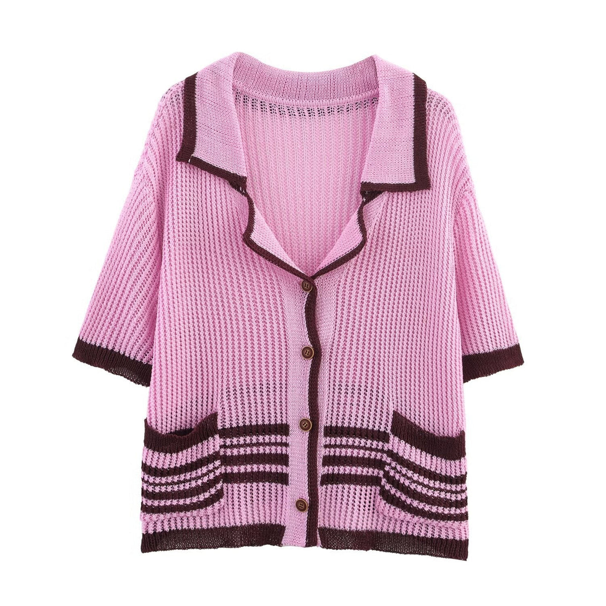 Neve | Knit Cardigan Pink Brown Striped Button Up