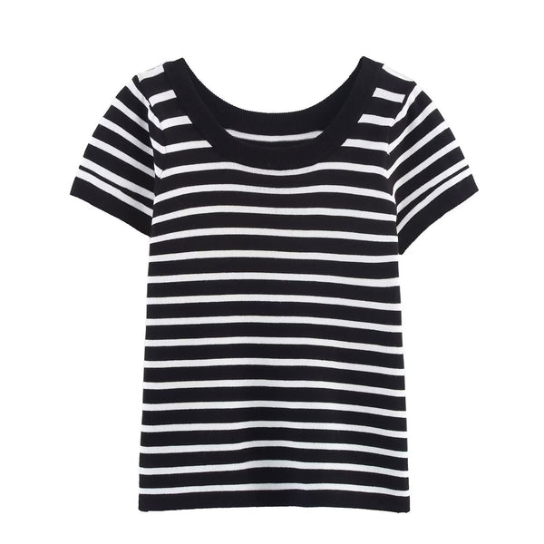 Aria | Striped Crew Neck T Shirt Black White Short Sleeve