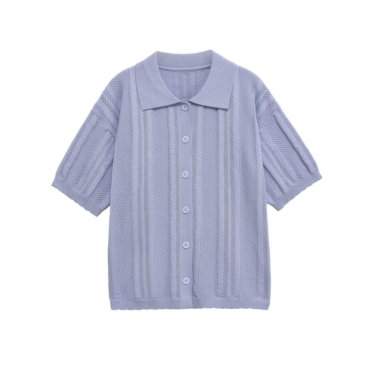 Lola | Short Sleeve Knit Polo Top Light Blue Textured