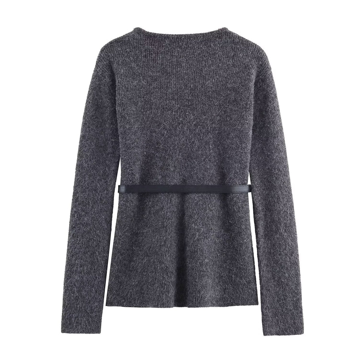 Vera | Knit Set Gray V Neck Belted Sweater A Line Skirt