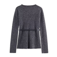Vera | Knit Set Gray V Neck Belted Sweater A Line Skirt