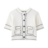 Vera | Cropped Knit Top Cream Contrast Stitch Pocket