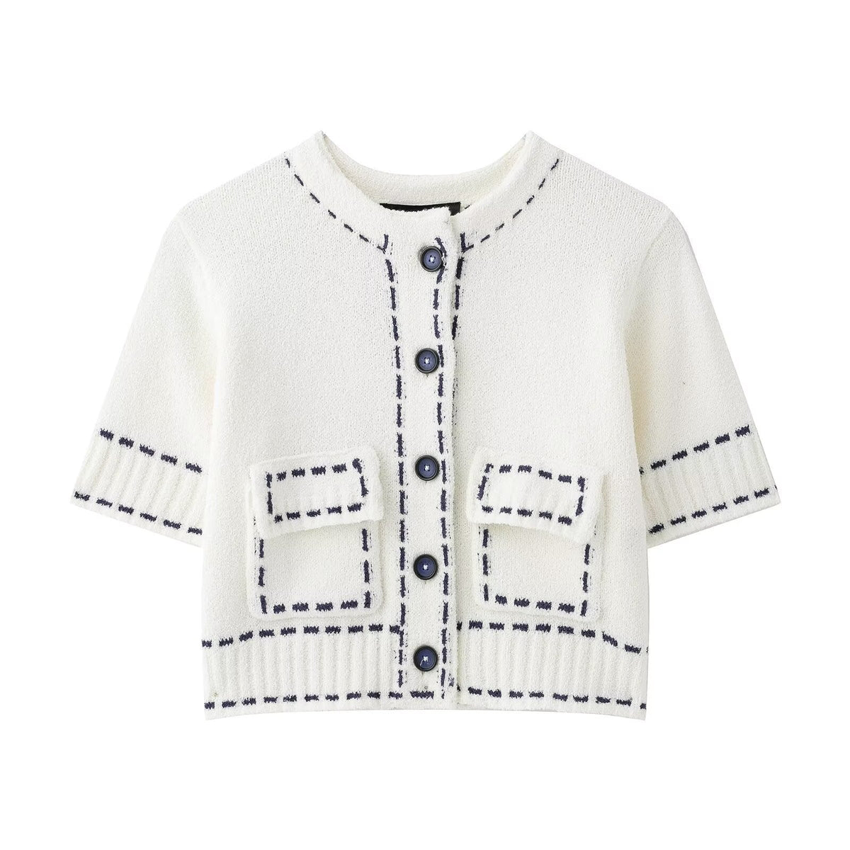 Vera | Cropped Knit Top Cream Contrast Stitch Pocket