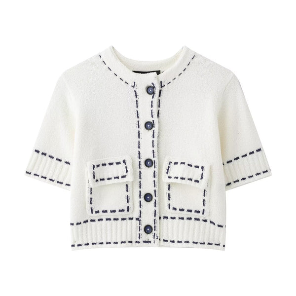 Vera | Cropped Knit Top Cream Contrast Stitch Pocket