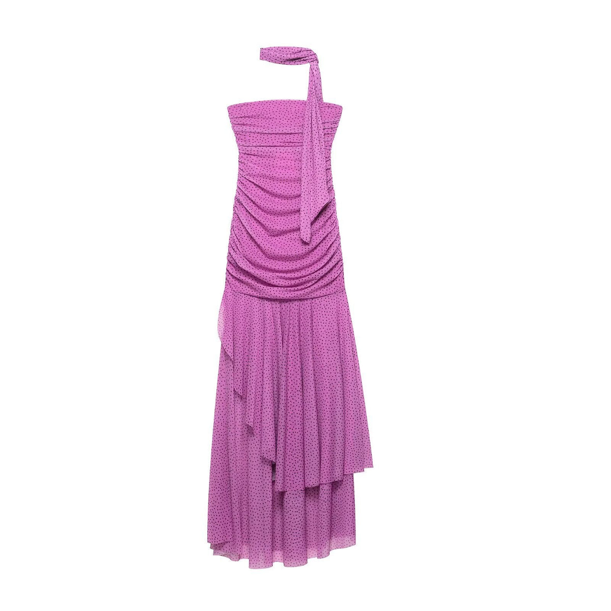 Vera | Halter Ruched Maxi Dress Pink Polka Dot