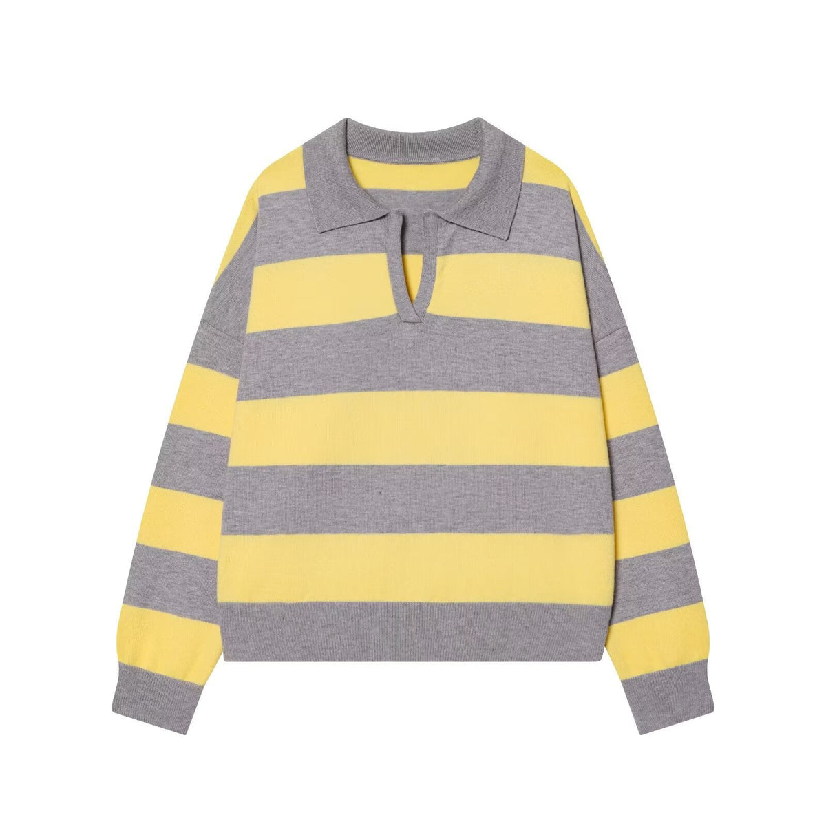 Aria | Striped Knit Polo Sweater Gray Yellow Collar
