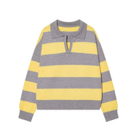 Aria | Striped Knit Polo Sweater Gray Yellow Collar