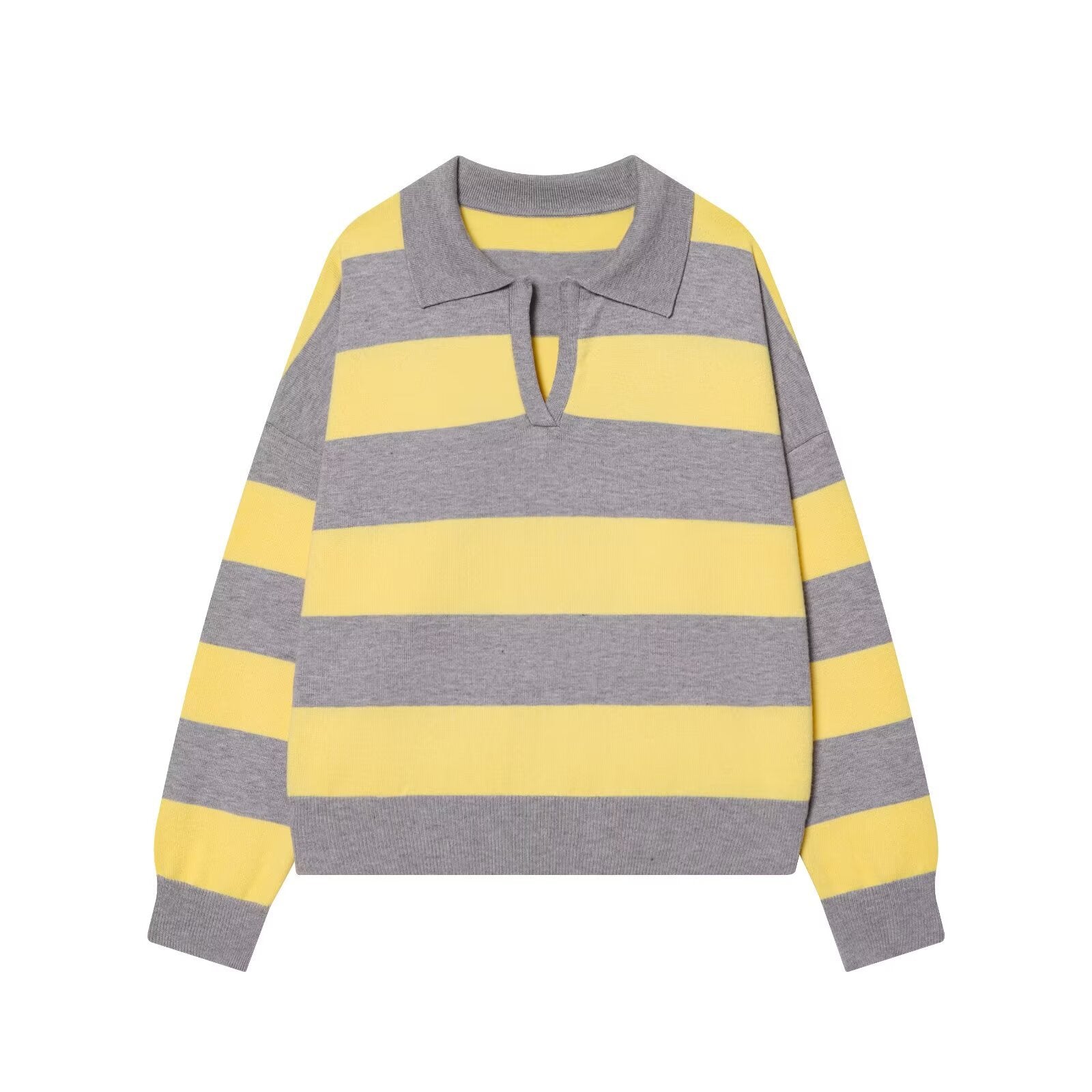 Aria | Striped Knit Polo Sweater Gray Yellow Collar