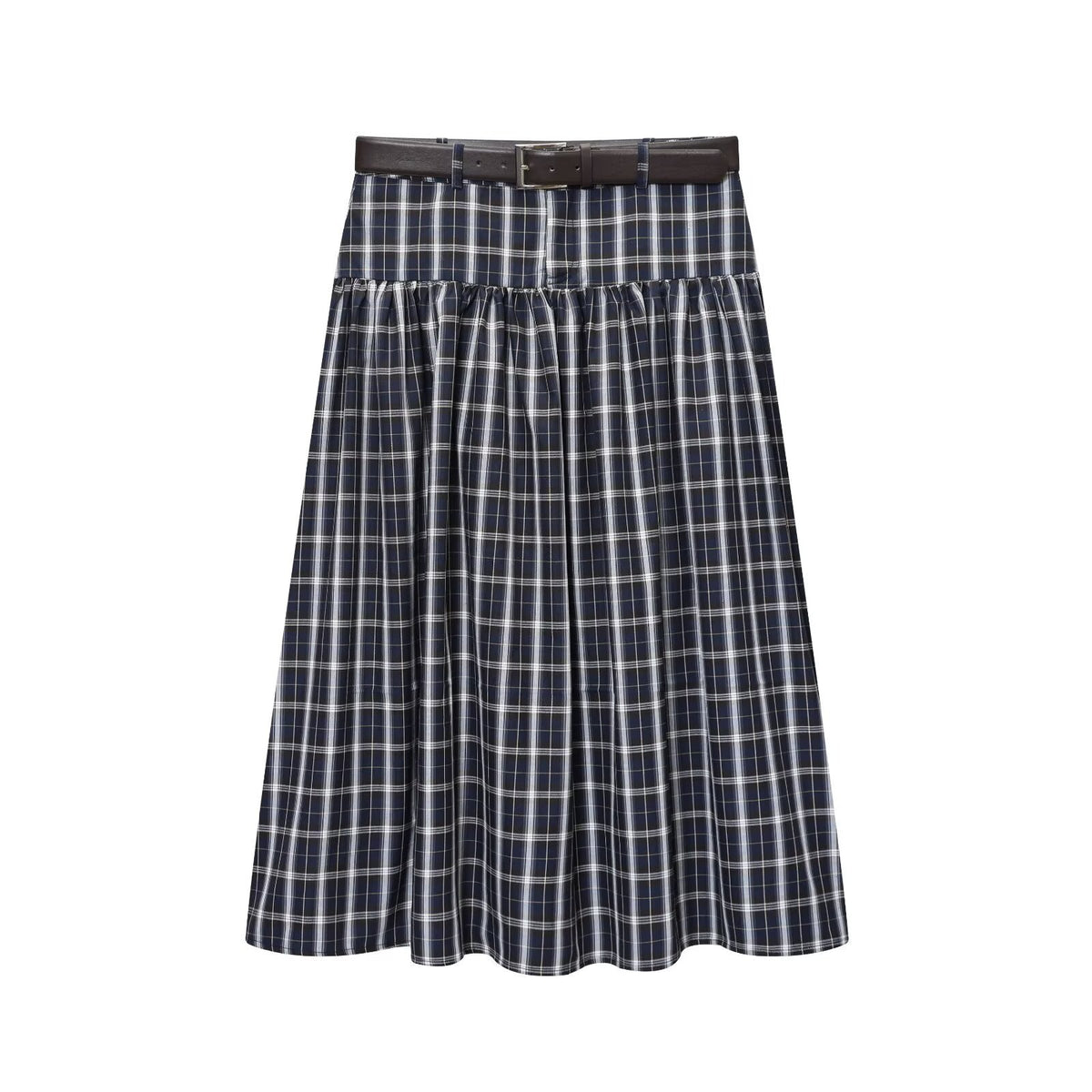 Iris | Plaid Midi Skirt Navy Belted