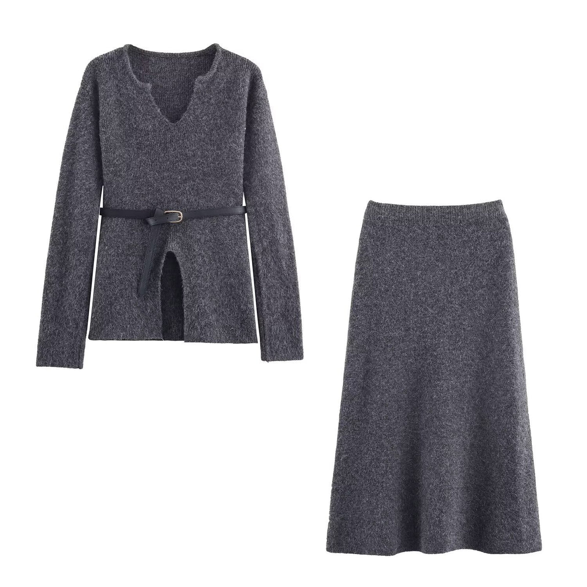 Vera | Knit Set Gray V Neck Belted Sweater A Line Skirt