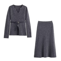Vera | Knit Set Gray V Neck Belted Sweater A Line Skirt