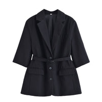 Faye | Belted Camel Blazer Dress Three Quarter Sleeve