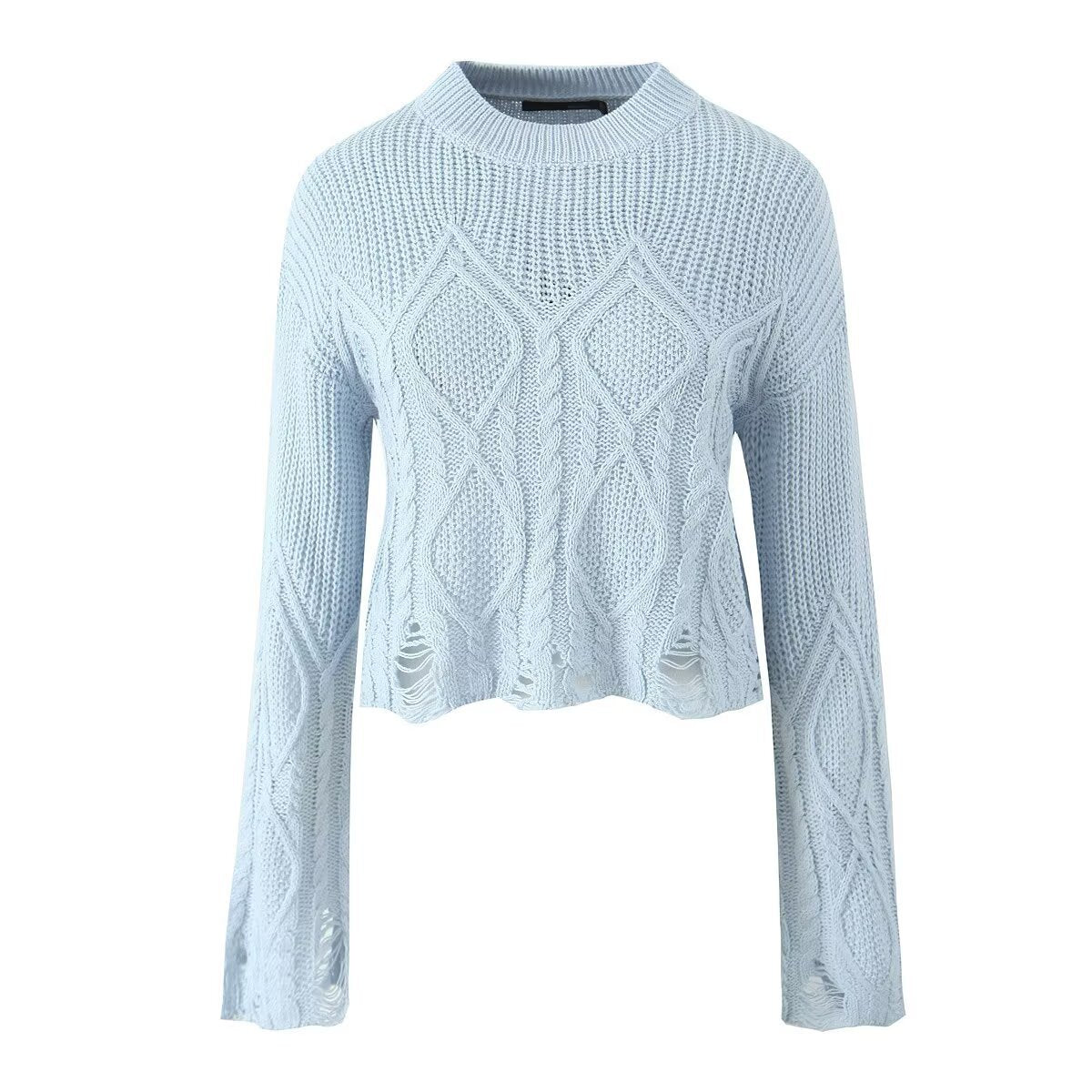 Aria | Cropped Cable Knit Sweater Cream Distressed Long Sleeve