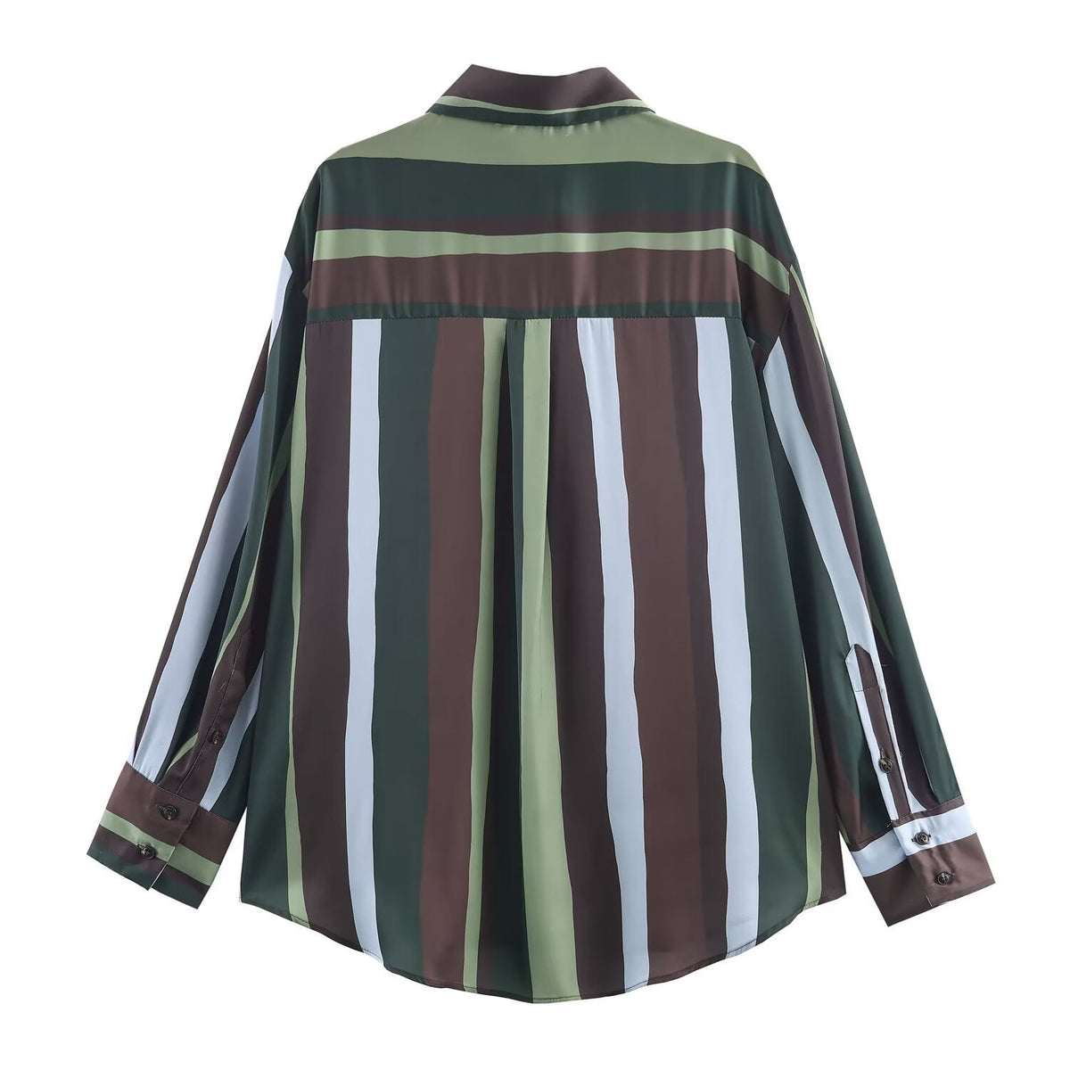 Elise | Striped Button Down Shirt Green Brown White Long Sleeve