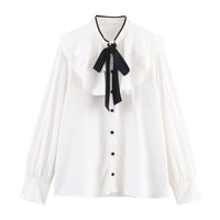 Viola | Bow Tie Long Sleeve Blouse Cream Black Ribbon