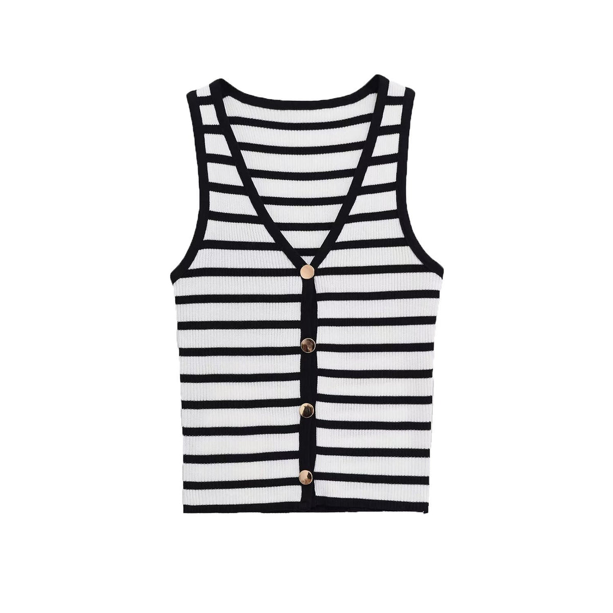 Bea | Striped Knit Tank Top Black White Button Up