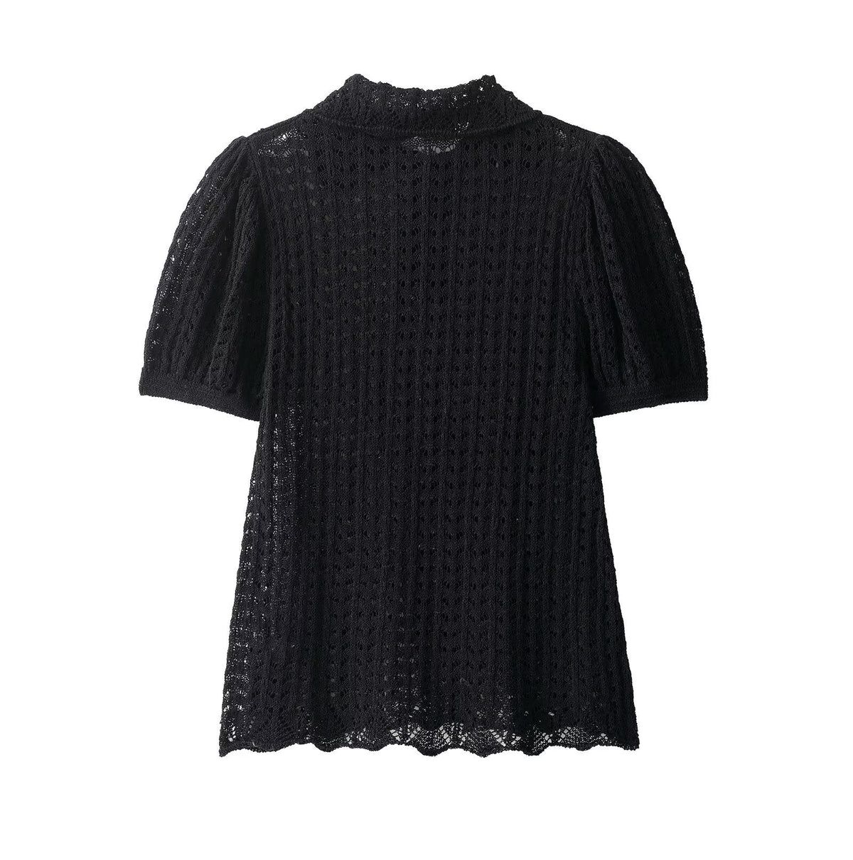Opal | Crochet Knit Polo Top Black Puff Sleeve