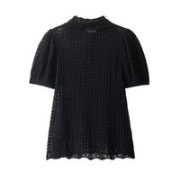 Opal | Crochet Knit Polo Top Black Puff Sleeve
