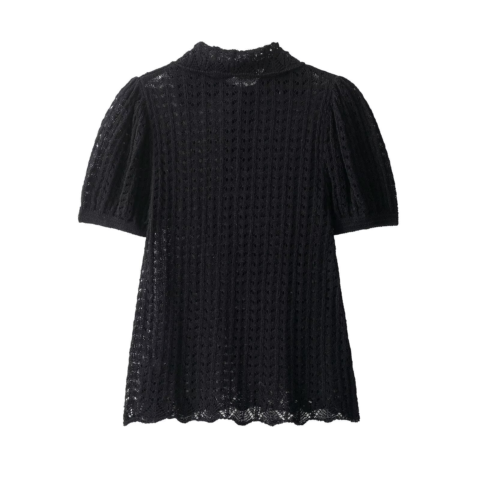 Opal | Crochet Knit Polo Top Black Puff Sleeve