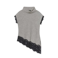 Lux | Cowl Neck Lace Trim Short Sleeve Top Gray