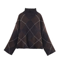 Vera | Argyle Knit Sweater Set Brown Studded Turtleneck