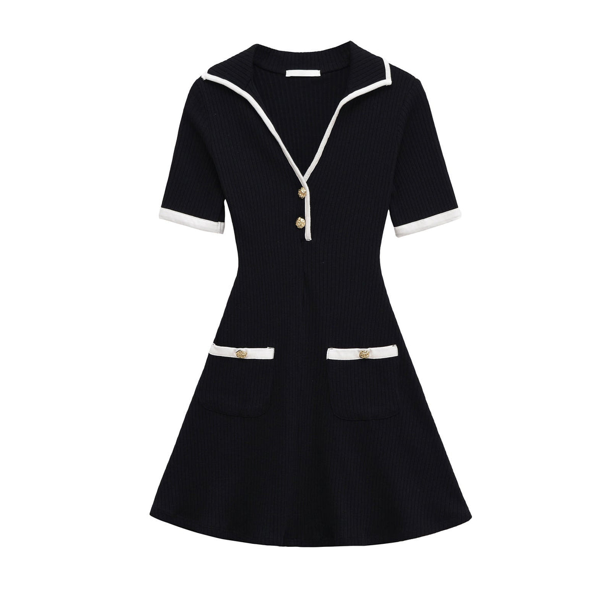 Neve | Preppy A Line Dress Cream Black Trim Short Sleeve