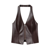 Kira | Halter Top Black Leather Zip Front
