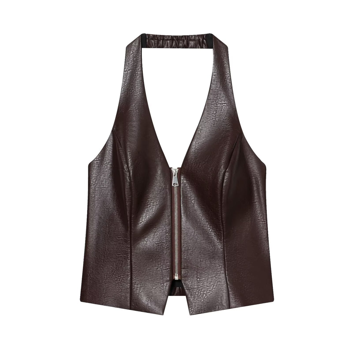 Kira | Halter Top Black Leather Zip Front