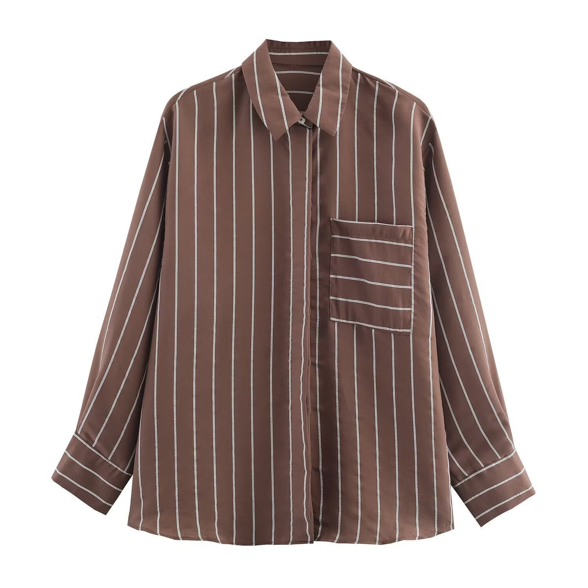 Vera | Striped Button Down Shirt Brown Long Sleeve Pocket
